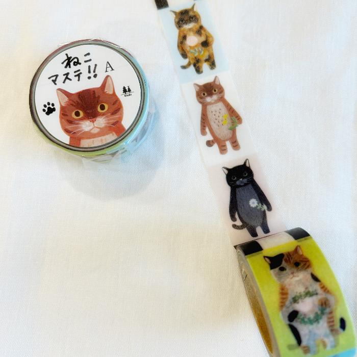 4Legs washi tape titled 'Cats A,' featuring cute cat illustrations in various poses, Japanese stationery ideal for adding a playful touch to planners, journals, and crafts.
