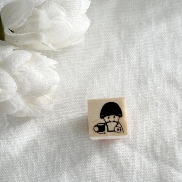 4Legs mini rubber stamp titled 'Mushroom Cat Breakfast,' featuring a cute cat with a mushroom cap having a toast and coffee breakfast, Japanese stationery perfect for adding whimsical touches to planners, journals, and crafts.