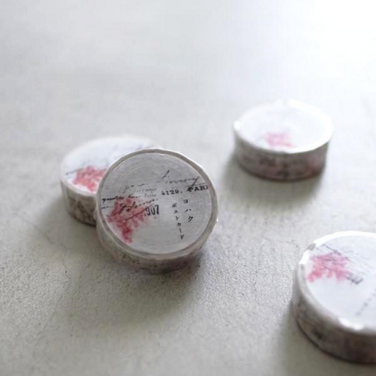 YOHAKU washi tape titled 'Postcard' (Y-026), featuring vintage postcard-inspired designs with text and stamp details, Japanese stationery ideal for adding a nostalgic, travel-themed touch to planners, journals, and crafts