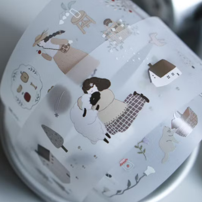 Ivy Snow matte PET tape titled 'At The Farm,' featuring charming farm-themed illustrations with animals, plants, and farm scenes, Japanese stationery perfect for decorating planners, journals, and crafts.