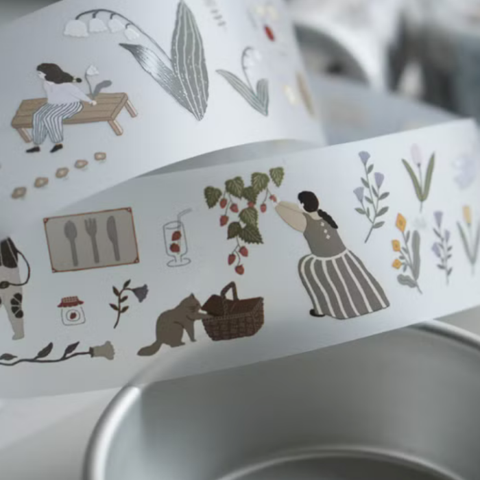 Ivy Snow matte PET tape titled 'At The Farm,' featuring charming farm-themed illustrations with animals, plants, and farm scenes, Japanese stationery perfect for decorating planners, journals, and crafts.