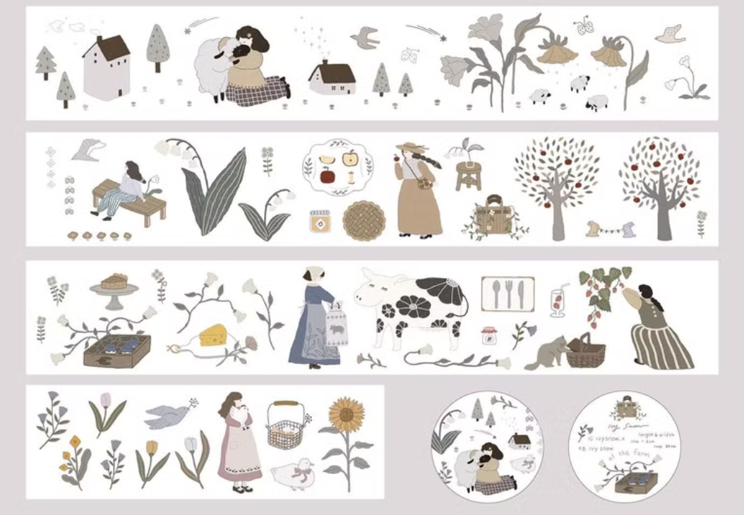 Ivy Snow matte PET tape titled 'At The Farm,' featuring charming farm-themed illustrations with animals, plants, and farm scenes, Japanese stationery perfect for decorating planners, journals, and crafts.