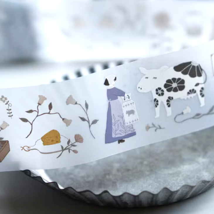 Ivy Snow matte PET tape titled 'At The Farm,' featuring charming farm-themed illustrations with animals, plants, and farm scenes, Japanese stationery perfect for decorating planners, journals, and crafts.