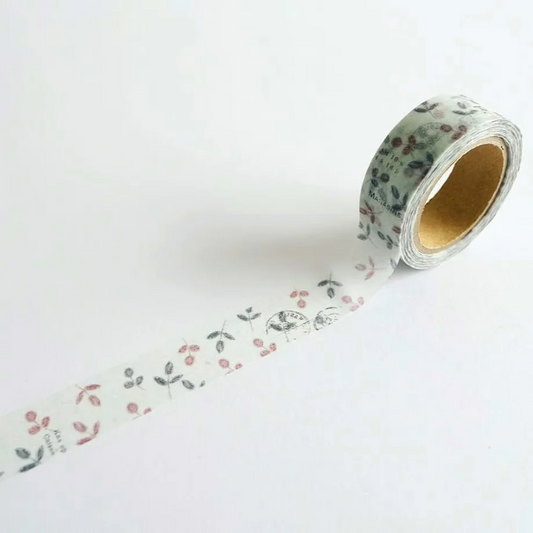 YOHAKU washi tape titled 'In The Shade Of Trees' (Y-152), featuring floral designs in muted colors adorned with postage mark stamps, Japanese stationery perfect for adding a vintage, botanical touch to planners, journals, and crafts.