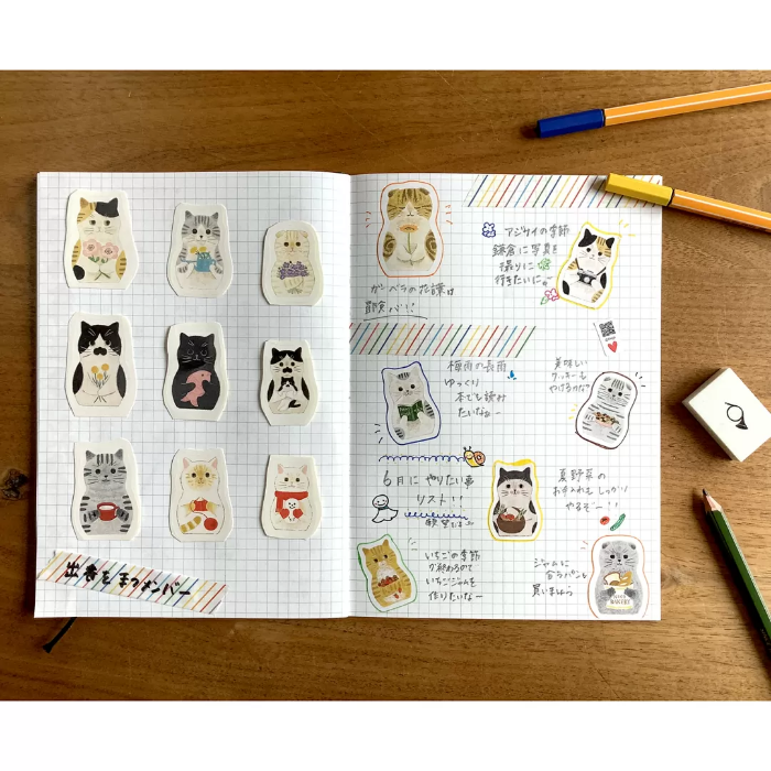 4Legs sticker sheet titled 'Cat Matryoshka,' featuring adorable cat illustrations inspired by matryoshka dolls, Japanese stationery ideal for decorating planners, journals, and crafts.