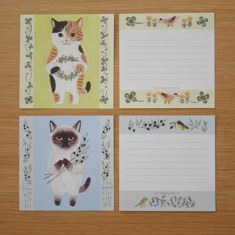4Legs Cats memo paper set A, featuring cute cat illustrations in various poses, Japanese stationery perfect for cat lovers to add a fun touch to notes, planners, and journals.