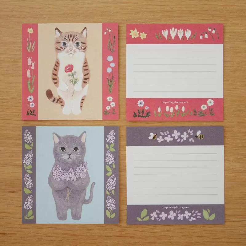 4Legs Cats memo paper set A, featuring cute cat illustrations in various poses, Japanese stationery perfect for cat lovers to add a fun touch to notes, planners, and journals.