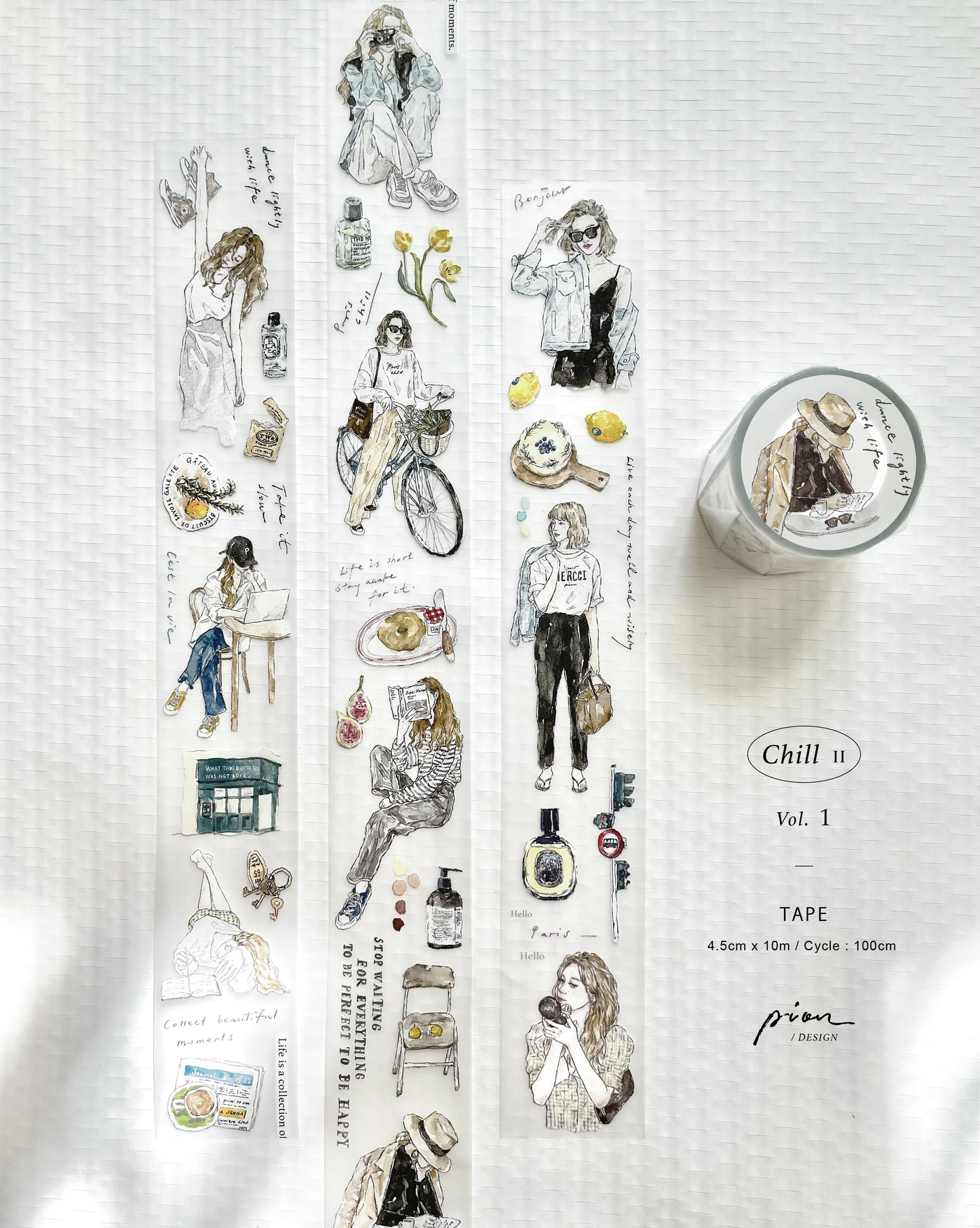 Pion matte PET tape titled 'Chill Vol. 1,' featuring relaxing, cozy-themed girl illustrations with characters and items like books, perfume and lotion, Japanese stationery ideal for adding a calm, laid-back touch to planners, journals, and crafts.