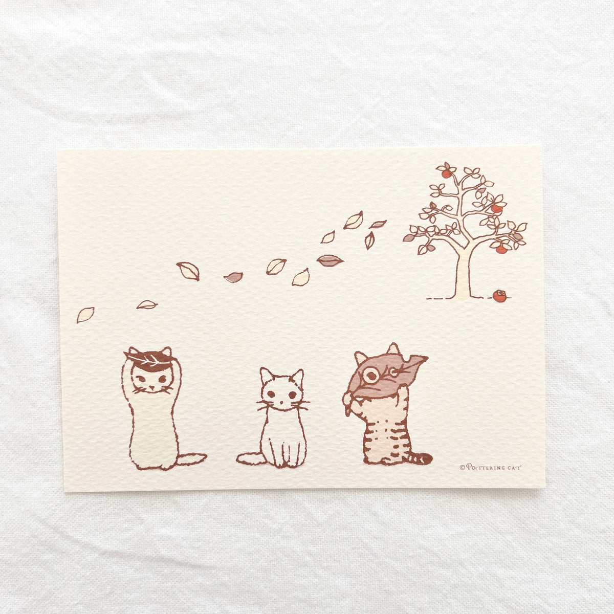 Pottering Cat Postcard - Fallen Leaves