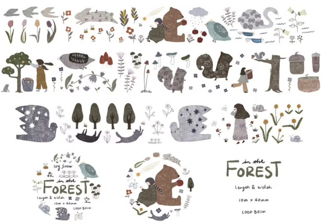 Ivy Snow matte PET tape titled 'In The Forest,' featuring whimsical forest-themed illustrations with animals, trees, and nature elements, Japanese stationery ideal for adding a nature-inspired touch to planners, journals, and crafts.