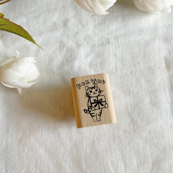 Pottering Cat rubber stamp titled 'For You,' featuring an adorable cat holding a gift, Japanese stationery ideal for adding a sweet, personal touch to planners, journals, and crafts.