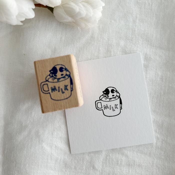 Pottering Cat rubber stamp titled 'Milk,' featuring the cutest little cat drinking milk from a large mug, Japanese stationery ideal for adding a playful, cozy touch to planners, journals, and crafts.