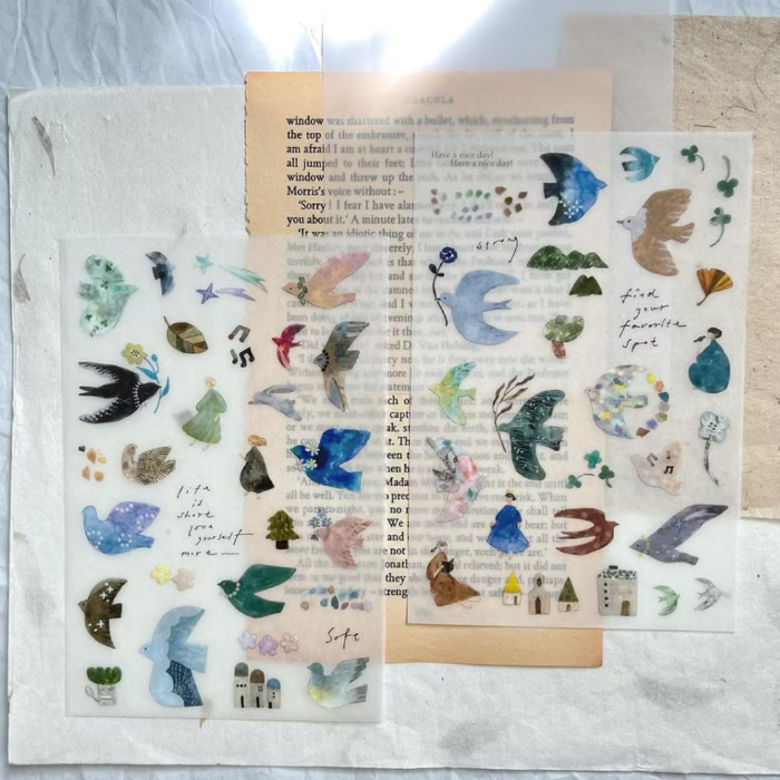 Pion transfer sticker titled 'Bird Island,' featuring delicate illustrations of birds, foliage, and island-inspired elements, Japanese stationery perfect for adding a nature-themed, whimsical touch to planners, journals, and crafts.