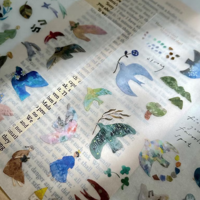 Pion transfer sticker titled 'Bird Island,' featuring delicate illustrations of birds, foliage, and island-inspired elements, Japanese stationery perfect for adding a nature-themed, whimsical touch to planners, journals, and crafts.