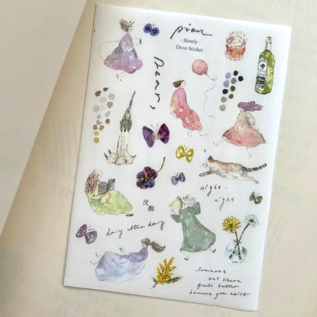 Pion kiss-cut washi sticker from the Mini Girl Series titled 'Slowly,' featuring illustrations of a girl in relaxed poses, Japanese stationery ideal for adding a calm, cute touch to planners, journals, and crafts.