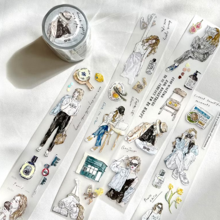 Pion matte PET tape titled 'Chill Vol. 1,' featuring relaxing, cozy-themed girl illustrations with characters and items like books, perfume and lotion, Japanese stationery ideal for adding a calm, laid-back touch to planners, journals, and crafts.