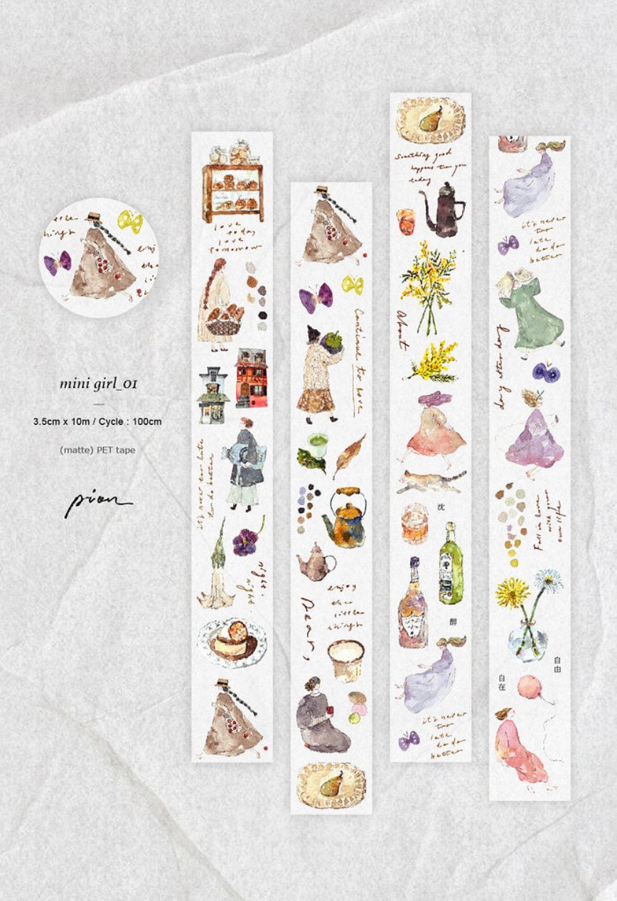 Pion matte PET tape titled 'Mini Girl 01,' featuring whimsical illustrations of a girl in various playful poses, Japanese stationery ideal for adding a sweet, whimsical touch to planners, journals, and crafts.