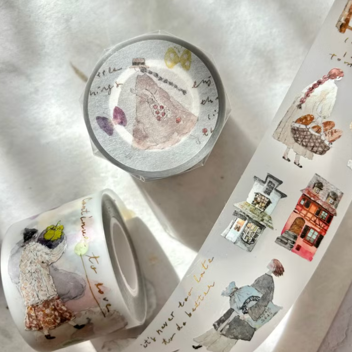 Pion matte PET tape titled 'Mini Girl 01,' featuring whimsical illustrations of a girl in various playful poses, Japanese stationery ideal for adding a sweet, whimsical touch to planners, journals, and crafts.