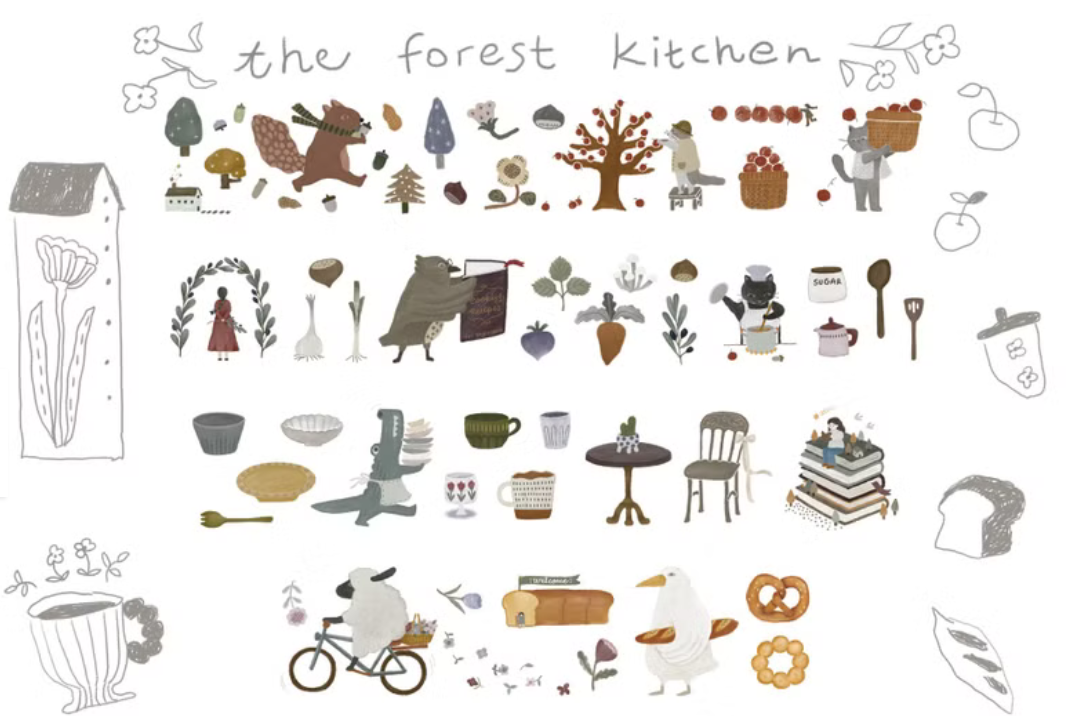 Ivy Snow matte PET tape titled 'The Forest Kitchen,' featuring charming illustrations of forest animals, fruits, and kitchen items, Japanese stationery ideal for adding a whimsical, nature-inspired touch to planners, journals, and crafts.