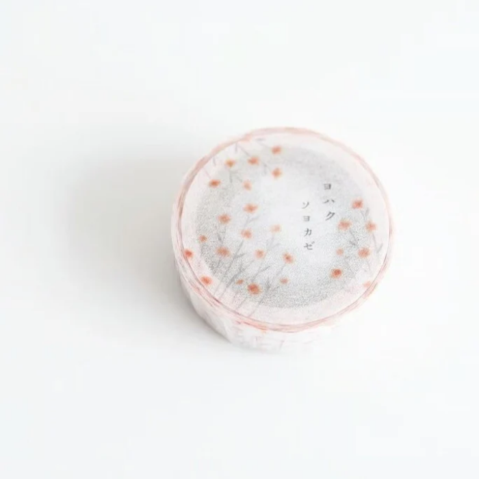 YOHAKU washi tape titled 'Gentle Wind' (Y-122) featuring delicate orange floral designs, ideal for adding a soft, botanical touch to journaling, scrapbooking, and creative projects.