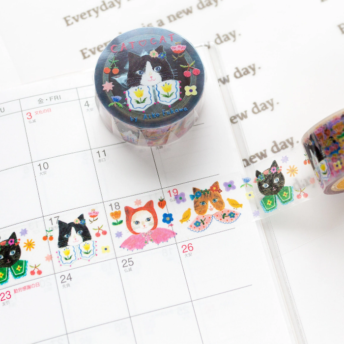 Aiko Fukawa masking tape titled 'Cat Cat,' featuring playful cat illustrations, Japanese stationery with cute, whimsical feline designs for crafting and decorating.