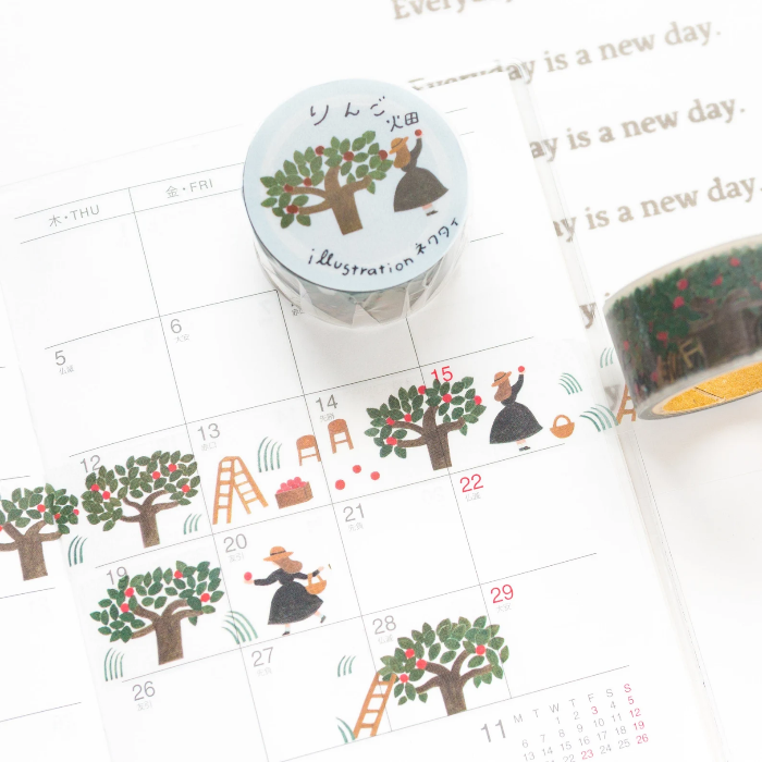 Necktie masking tape titled 'Apple Field,' featuring charming illustrations of apples and fields, Japanese stationery perfect for decorating planners, journals, and crafts with a cozy, nature-inspired theme.