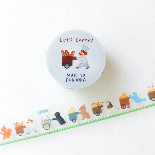 Mariko Fukuoka masking tape titled 'Let's Carry!,' featuring playful illustrations of animals carrying items, Japanese stationery perfect for adding a whimsical touch to planners, journals, and crafts.