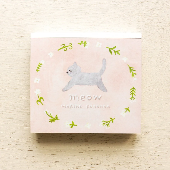 Mariko Fukuoka memo pad titled 'Meow,' featuring adorable cat illustrations, Japanese stationery perfect for cat lovers to add a cute touch to notes, planners, and journals.