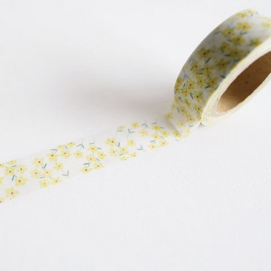 YOHAKU washi tape titled 'Kotonoha' (Y-140), featuring beautifully delicate floral designs in soft yellow hues, Japanese stationery perfect for adding a gentle, botanical touch to planners, journals, and crafts.