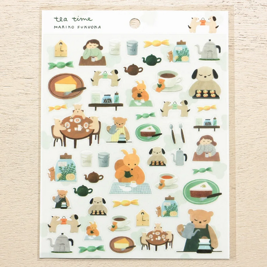 Mariko Fukuoka clear sticker sheet titled 'Tea Time,' featuring charming tea-themed illustrations with teacups, desserts, and cozy elements, Japanese stationery ideal for decorating planners, journals, and scrapbooks.