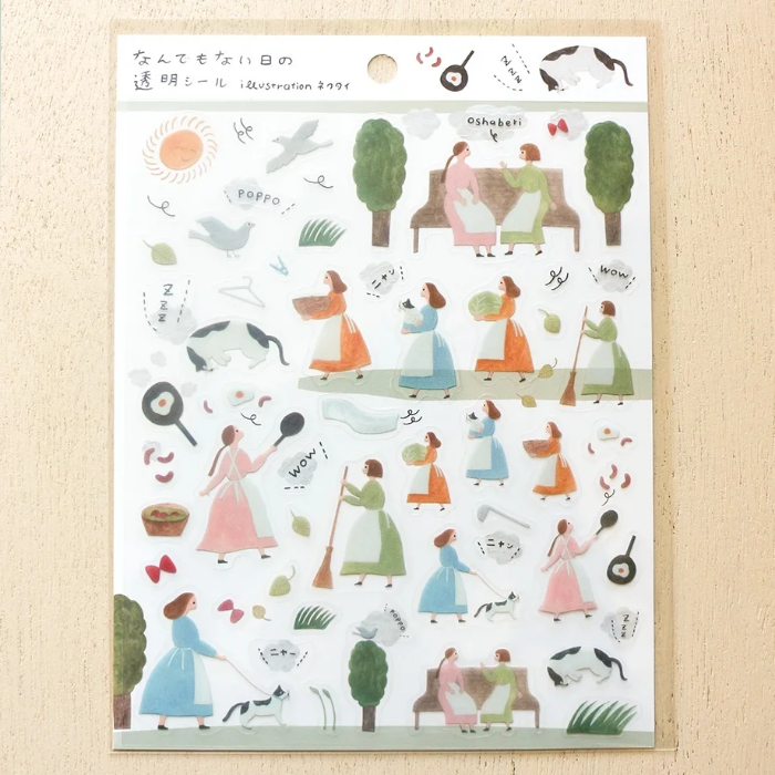 Necktie clear sticker sheet titled 'An Ordinary Day,' featuring everyday-themed illustrations like cooking, cleaning, and daily chores, Japanese stationery ideal for adding cozy, daily life details to planners, journals, and scrapbooks.