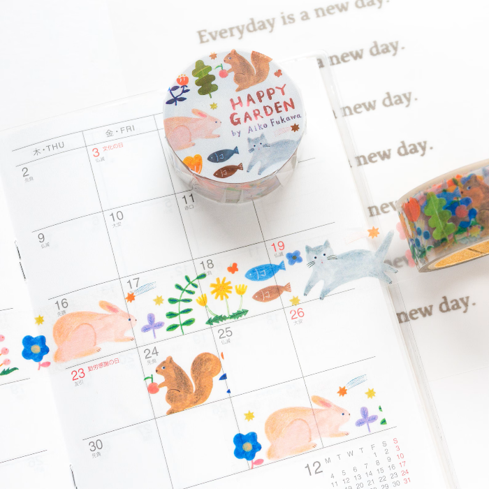 Aiko Fukawa masking tape titled 'Happy Garden,' featuring colorful illustrations of flowers, plants, and animals, Japanese stationery with a cheerful, nature-inspired design for crafts and decoration.