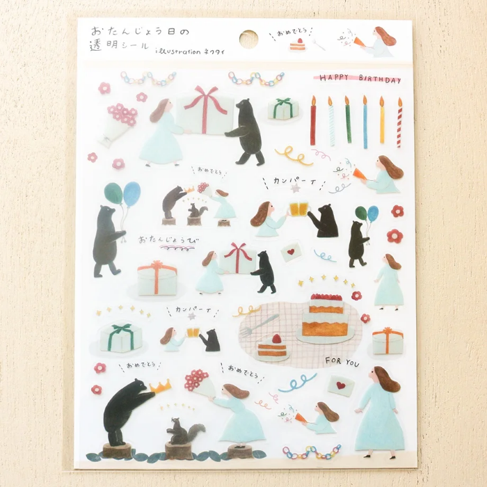 Necktie clear sticker sheet titled 'Birthday,' featuring festive birthday-themed illustrations with cakes, balloons, and party decorations, Japanese stationery perfect for decorating gifts, planners, and scrapbooks.