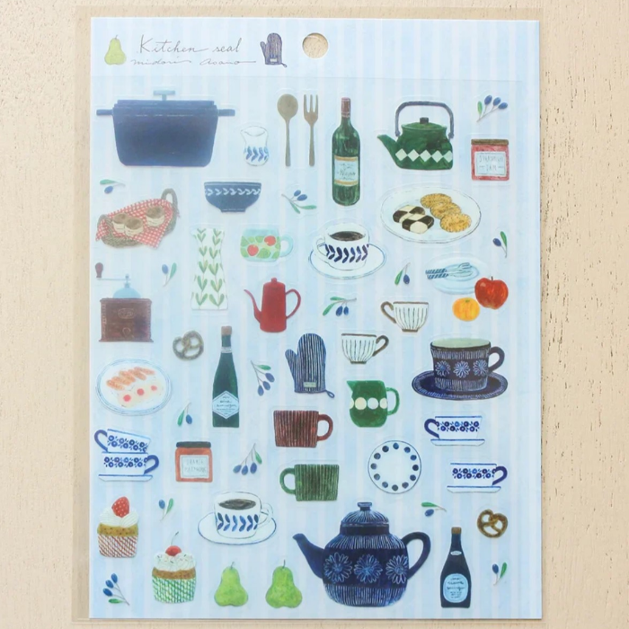 Midori Asano clear sticker sheet titled 'Kitchen,' featuring cute illustrations of kitchen items like utensils, cookware, and ingredients, Japanese stationery perfect for decorating planners, recipe books, and journals.