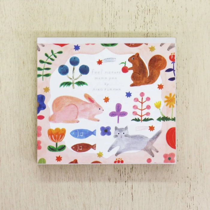 Aiko Fukawa memo pad titled 'Feel Nature,' featuring whimsical illustrations of animals, plants, and nature scenes, Japanese stationery with a soft, artistic style.