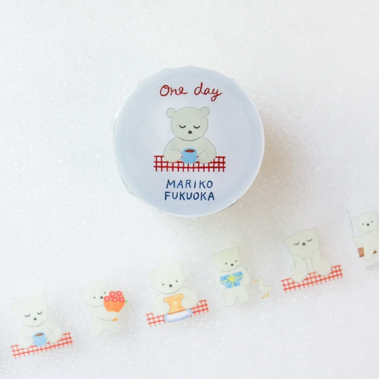 Mariko Fukuoka masking tape titled 'One Day,' featuring illustrations of daily life scenes with cozy details, Japanese stationery perfect for adding charm to planners, journals, and crafts.