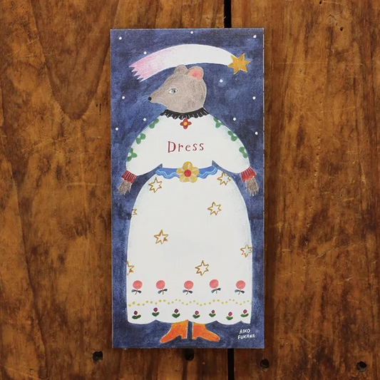 Aiko Fukawa memo pad titled 'Paper Dress,' featuring elegant illustrations of dresses, flowers, and whimsical details, Japanese stationery with a delicate, fashion-inspired theme.