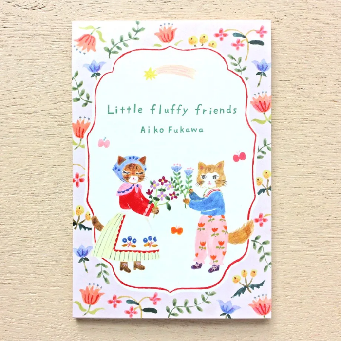 Aiko Fukawa postcard booklet titled 'Little Fluffy Friends,' featuring charming, whimsical illustrations of cute animals, Japanese stationery with adorable, collectible designs.