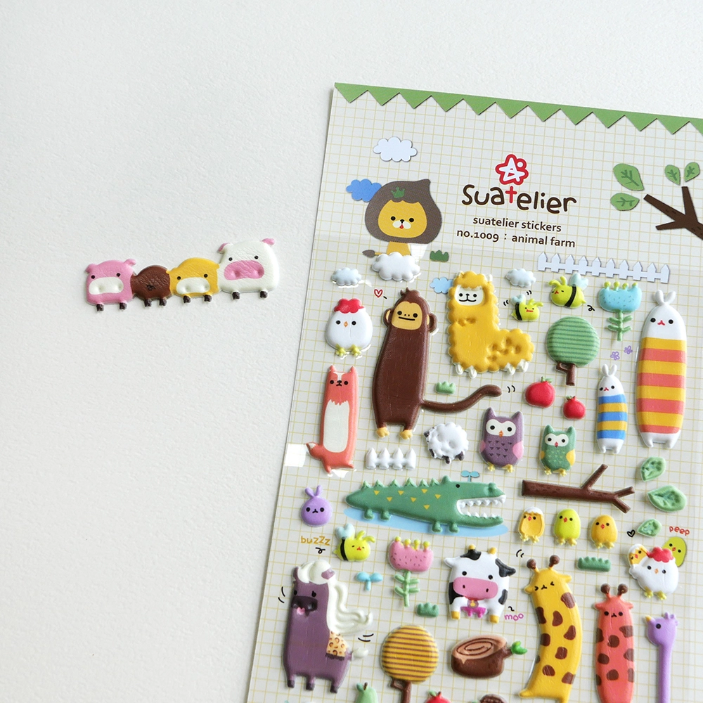 Sheet of colorful animal-themed stickers.