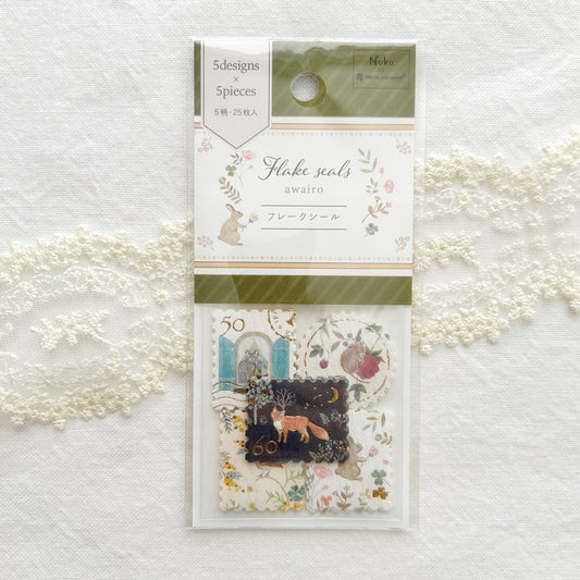 Packaged Flake seals feature designs of enchanting friendly fox, beautiful bird, cuddly kittens, and more.
