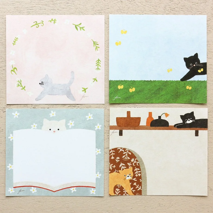 Mariko Fukuoka memo pad titled 'Meow,' featuring adorable cat illustrations, Japanese stationery perfect for cat lovers to add a cute touch to notes, planners, and journals.