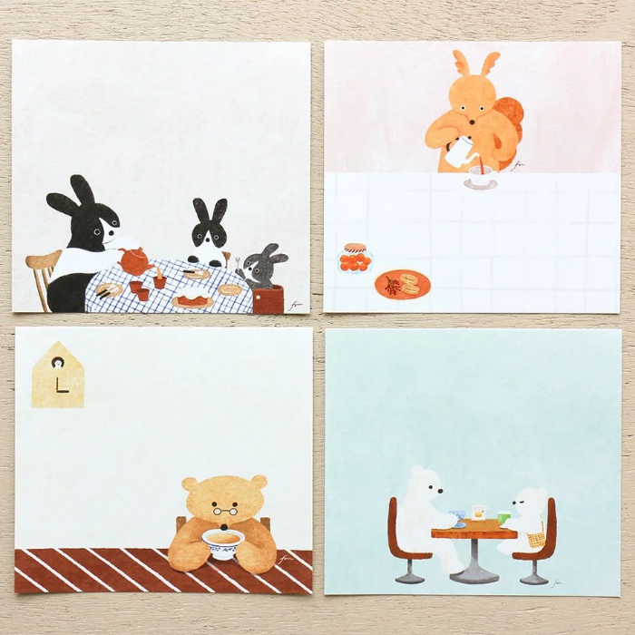 Mariko Fukuoka memo pad titled 'Tea Time,' featuring charming tea-themed illustrations with teacups, desserts, and cozy accents, Japanese stationery ideal for note-taking and decorating planners or journals.