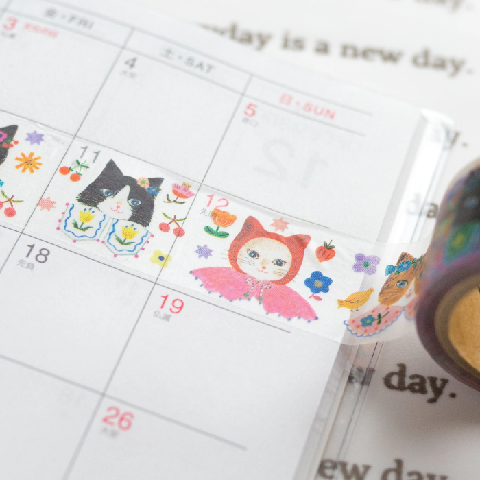 Aiko Fukawa masking tape titled 'Cat Cat,' featuring playful cat illustrations, Japanese stationery with cute, whimsical feline designs for crafting and decorating.