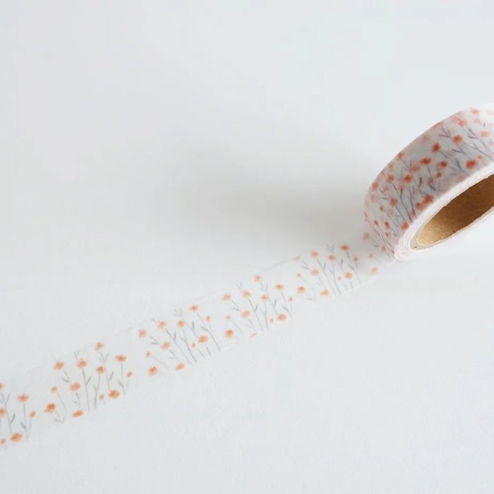 YOHAKU washi tape titled 'Gentle Wind' (Y-122) featuring delicate orange floral designs, ideal for adding a soft, botanical touch to journaling, scrapbooking, and creative projects.