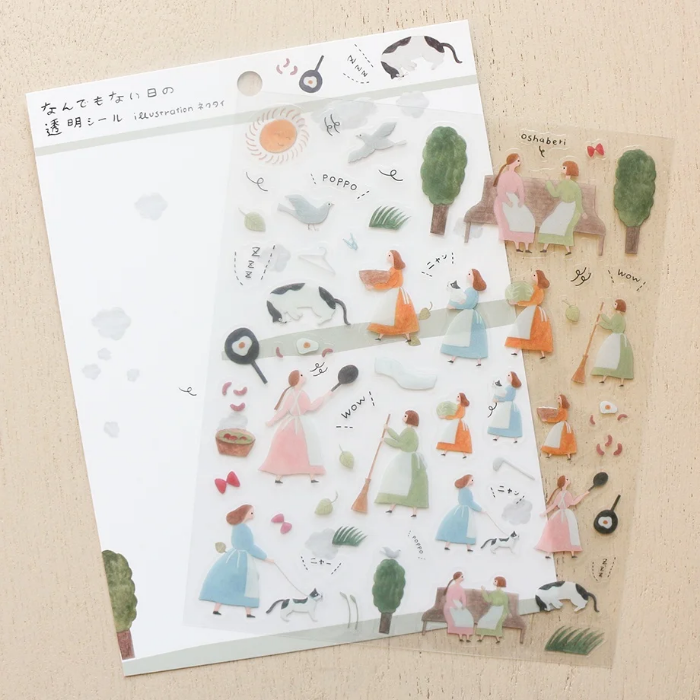 Necktie clear sticker sheet titled 'An Ordinary Day,' featuring everyday-themed illustrations like cooking, cleaning, and daily chores, Japanese stationery ideal for adding cozy, daily life details to planners, journals, and scrapbooks.