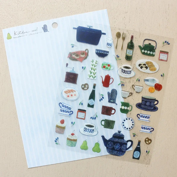 Midori Asano clear sticker sheet titled 'Kitchen,' featuring cute illustrations of kitchen items like utensils, cookware, and ingredients, Japanese stationery perfect for decorating planners, recipe books, and journals.