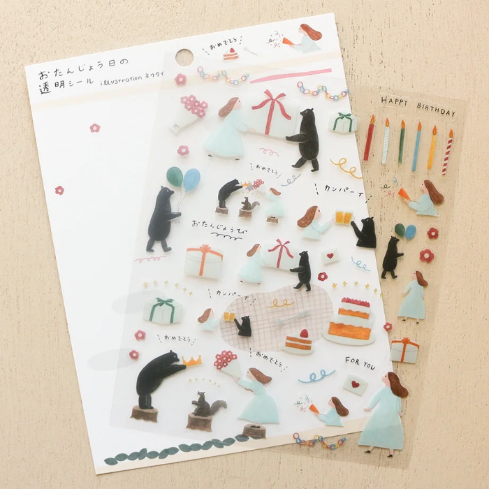 Necktie clear sticker sheet titled 'Birthday,' featuring festive birthday-themed illustrations with cakes, balloons, and party decorations, Japanese stationery perfect for decorating gifts, planners, and scrapbooks.