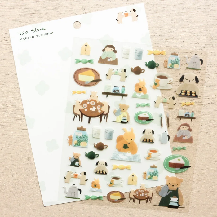 Mariko Fukuoka clear sticker sheet titled 'Tea Time,' featuring charming tea-themed illustrations with teacups, desserts, and cozy elements, Japanese stationery ideal for decorating planners, journals, and scrapbooks.