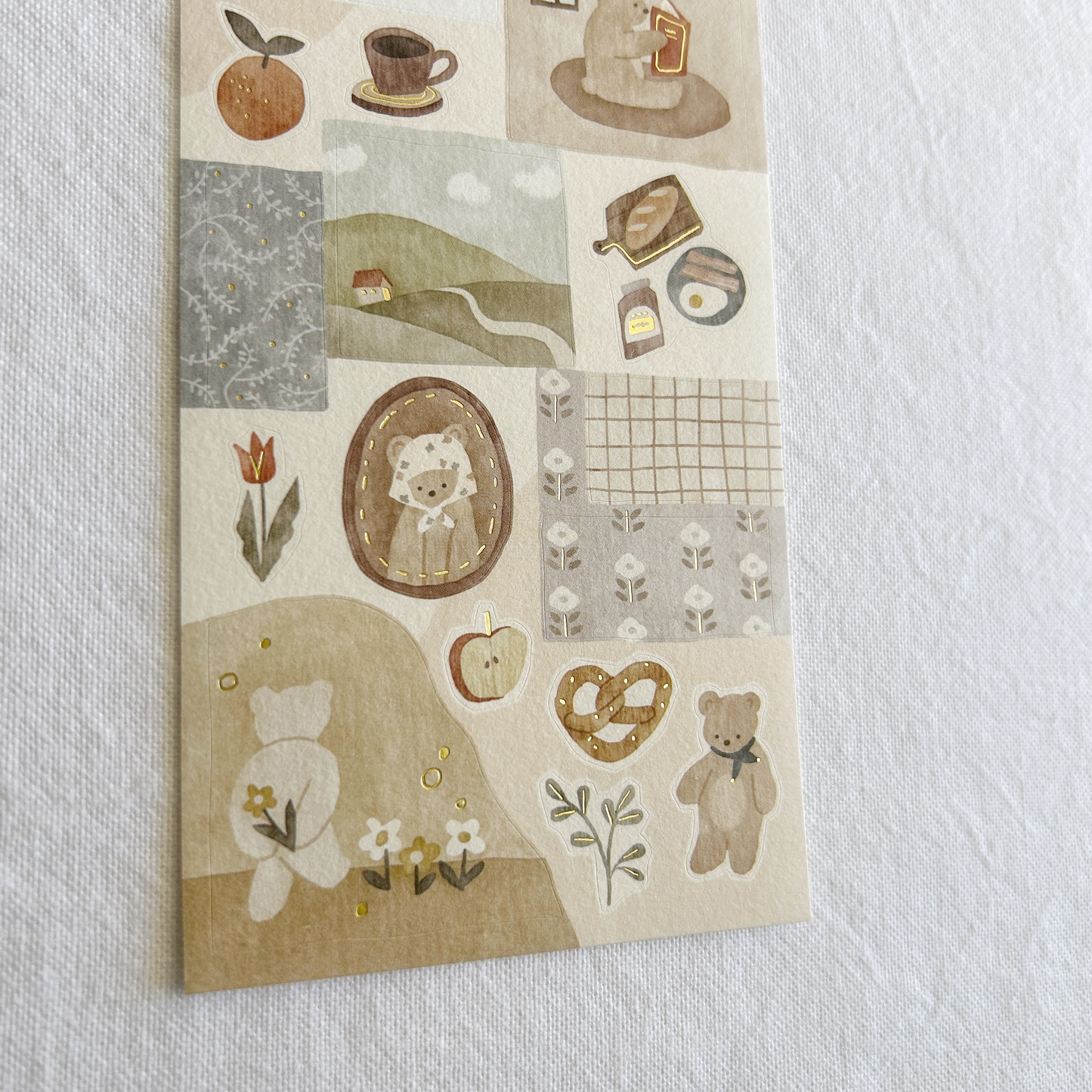 Mind Wave Lampo - Morning With Bear sticker sheet.  Ideal for adding a serene, heartwarming touch to journals, planners, and scrapbooks.