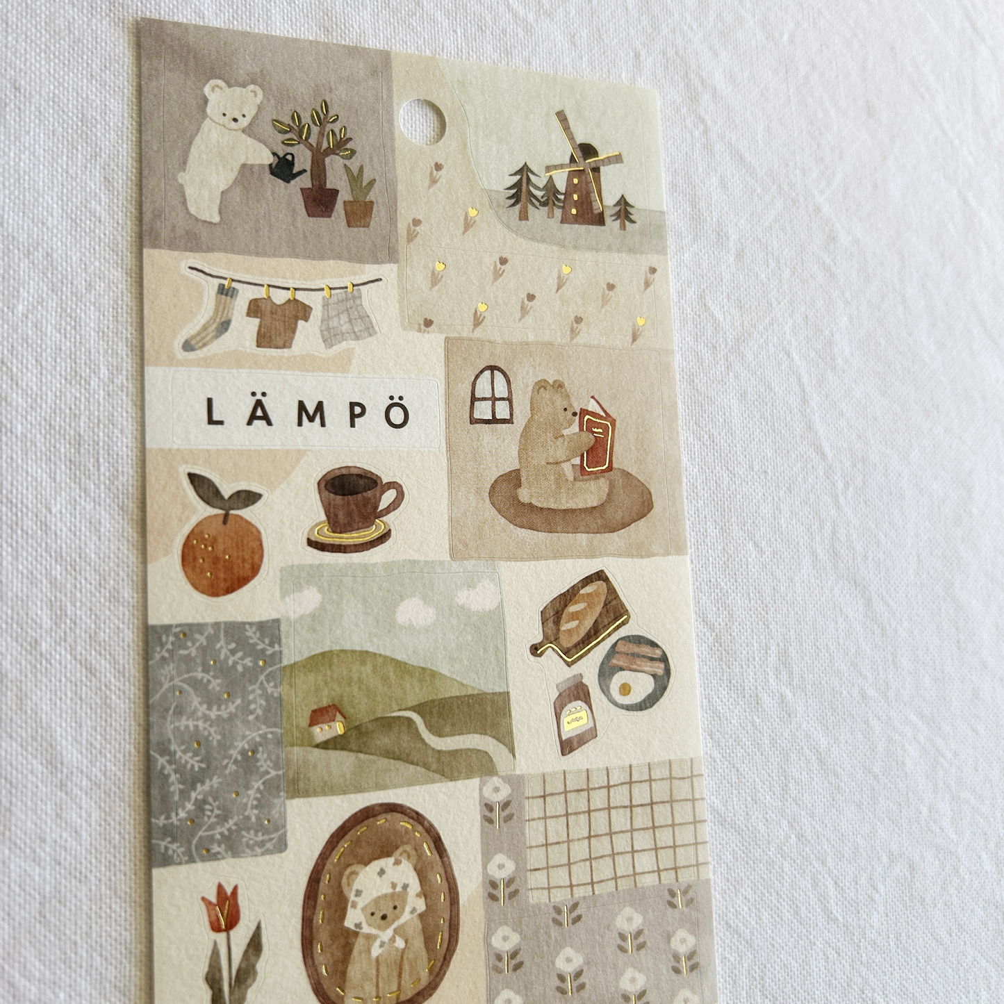 Mind Wave Lampo - Morning With Bear sticker sheet.  Ideal for adding a serene, heartwarming touch to journals, planners, and scrapbooks.